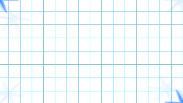 Blue Grid Notebook Paper Motion Background with Glowing Corner Stars Loop