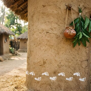 Traditional mud house wall with white painted footprints and clay pot.