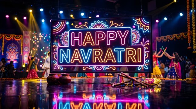 Happy Navratri Festival Event Stage with Illuminated Greeting Sign, Colorful Decorations, and Wet Street Reflection