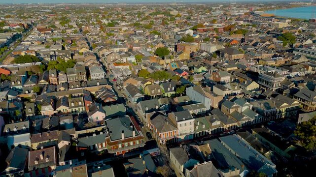 Cinematic Drone Flight Over Historic French Quarter On A Warm Summer Evening In New Orleans