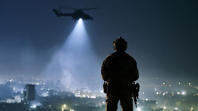 A tactical soldier stand on a rooftop at night watch a military helicopter fly overhead illuminate the city skyline with a powerful searchlight