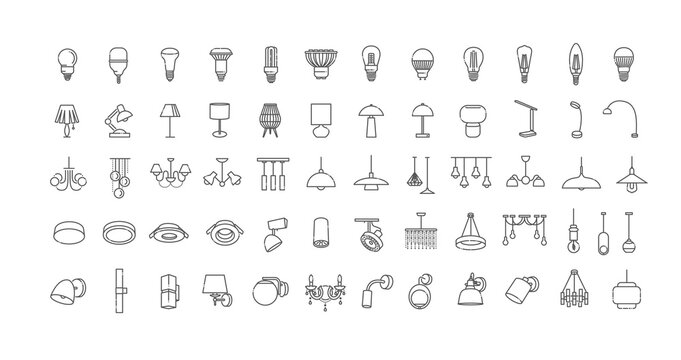 Lighting Icons Set Collection. Lamps, Chandeliers, Bulbs and Light Fixtures Outline Vector