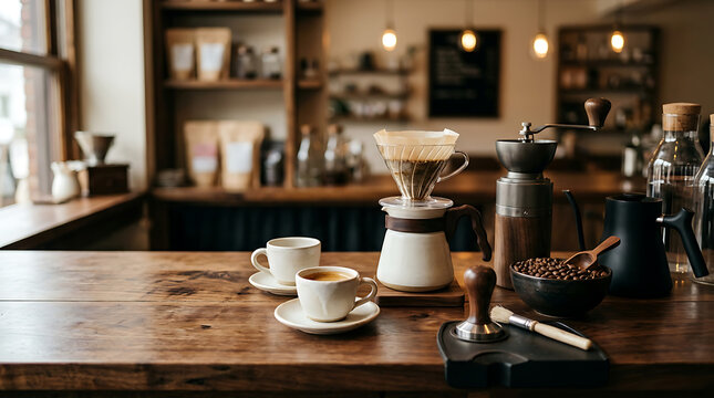 Coffee brewing equipment on a wooden table