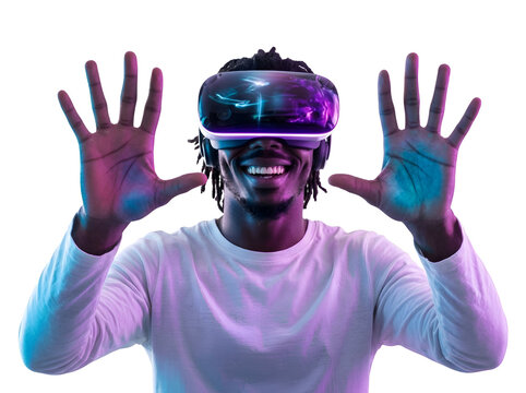 Young Man Using Virtual Reality Headset for Gaming and Entertainment on white background , Isolated on Transparent Background, PNG, Generative AI