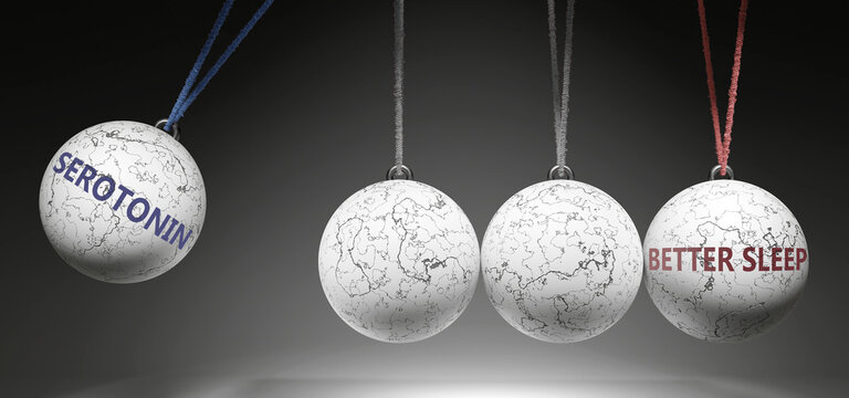 Serotonin and Better Sleep - cause and effect relationship. A Newton cradle metaphor showing how serotonin results in better sleep. It initiates better sleep. ,3d illustration