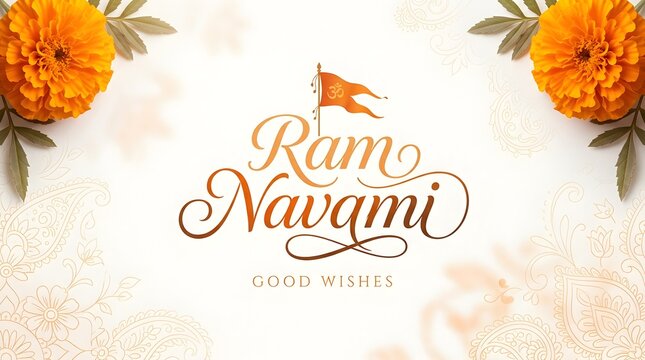 Elegant Ram Navami Greeting Card with Orange Marigold Flowers, Soft Cream Background, and Decorative Hindi Festival Typography