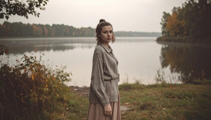 Fototapeta premium Fashion woman standing in calm lake landscape, retro outfit, cinematic morning atmosphere, soft gloomy colors