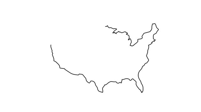 Minimalist usa map outline animation: clean black line of united states geography on white background