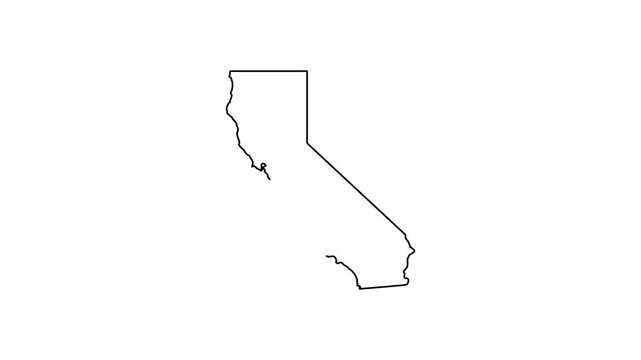 California state map outline animation, minimalist black line on white background, silhouette