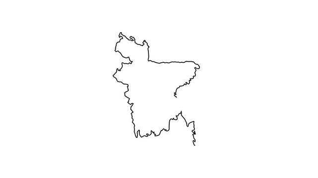 Minimalist line animation of bangladesh map outline on white background, border geography