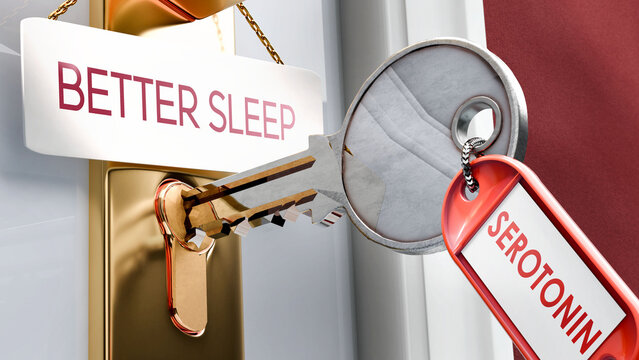 Serotonin leads to Better Sleep - it's a key to unlock better sleep. A door key metaphor ,3d illustration