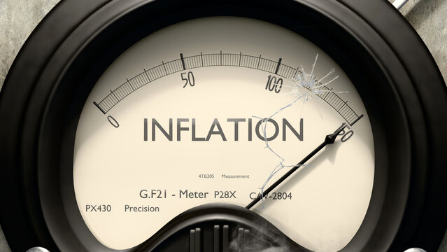 Inflation meter showing high levels of inflation. Dangerously increasing values of inflation, critical overload. Too much, off the charts. Max inflation ,3d illustration