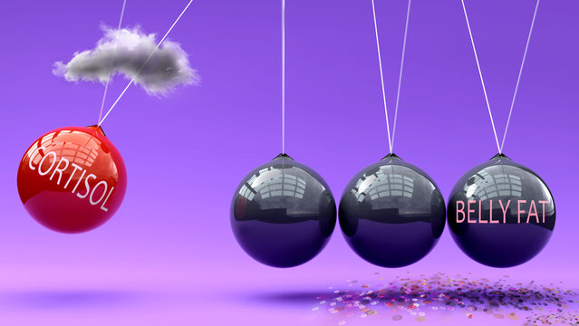 Cortisol leads to belly fat. A Newton cradle metaphor showing how cortisol triggers belly fat. Cause and effect relation between them. Vicious cycle ,3d illustration