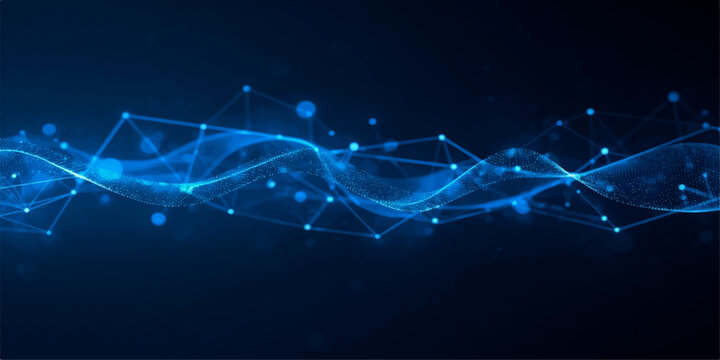 Abstract blue technology background with glowing plexus lines, digital data waves, connected network nodes and flowing wireframe lines on dark navy.