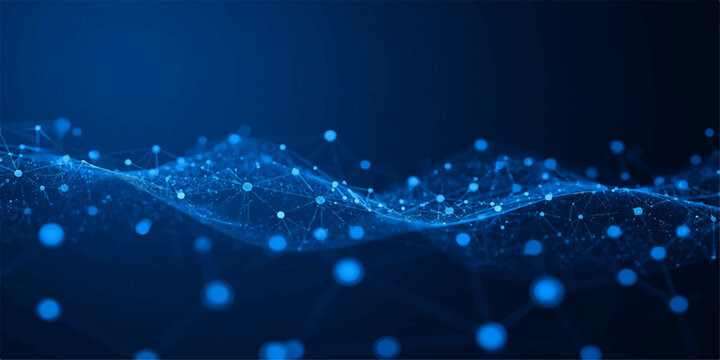 Abstract dark blue technology background with glowing network particles, flowing data waves, luminous plexus lines and connected digital nodes.