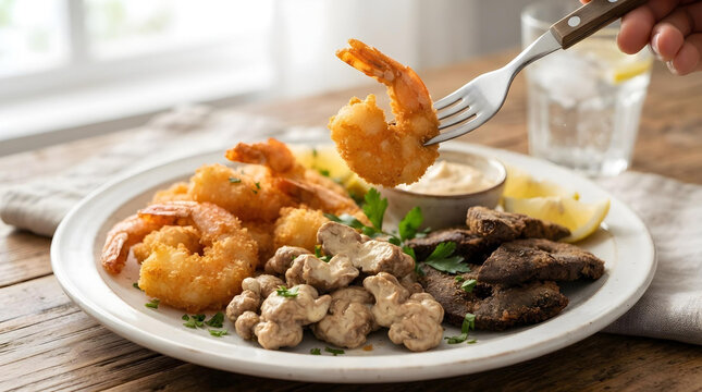 Background of fried shrimps, beef brain, beef liver slices deep fried in oil and served