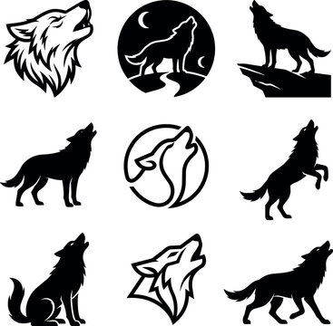 Wild wolf mascot logo vector collection featuring howling wolves and moon