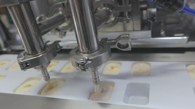 Close-up of an automated industrial liquid and sauce filling machine dosing mayonnaise into plastic portion cups dip pot on a conveyor belt. Plant for production of mayonnaise and sauce. 