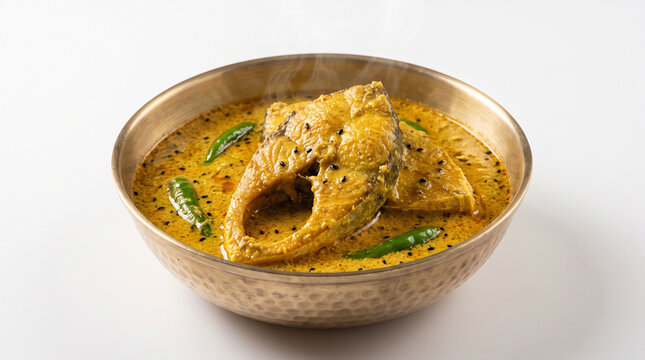 Classic Shorshe Ilish (Hilsa in mustard gravy) served in a traditional Kansha metal bowl, white background