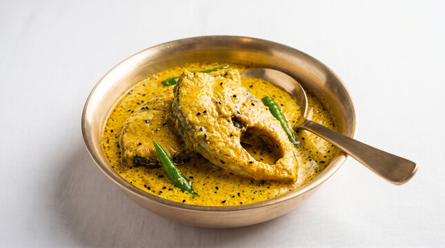 Classic Shorshe Ilish (Hilsa in mustard gravy) served in a traditional Kansha metal bowl, white background