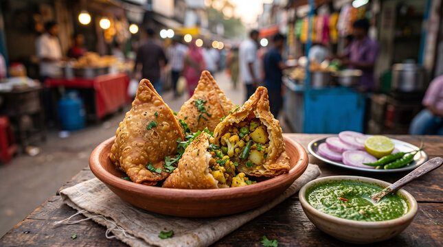 Crisp golden samosas (singara) stuffed with spiced potato and cauliflower, served with green chutney