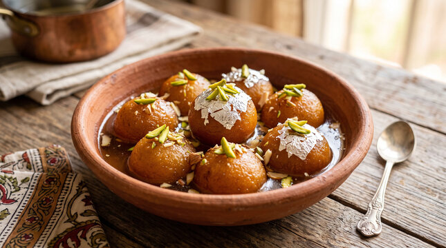 Golden syrup-drenched pantua sweets arranged on an antique silver tray, rich warm colors.