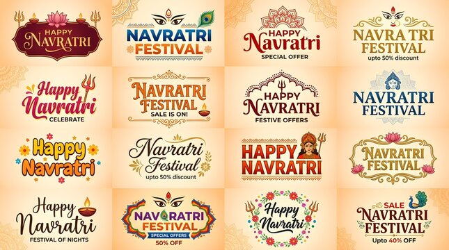 Colorful Navratri Festival Greeting Card Collection with Traditional Indian Typography and Decorative Designs