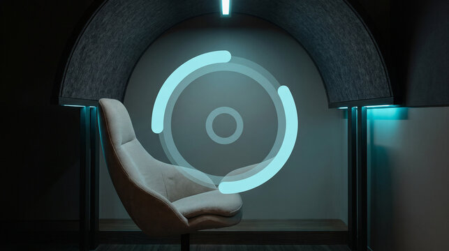 Sculptural wellness chair with biofeedback halo in a calm pod