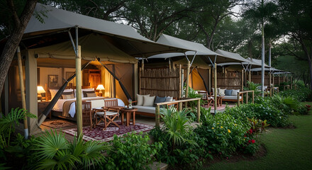 Fototapeta premium Luxury safari tents with outdoor seating and lush greenery in sunlight