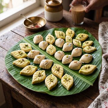 Traditional sandesh sweets shaped like shells and leaves arranged on a banana leaf platter