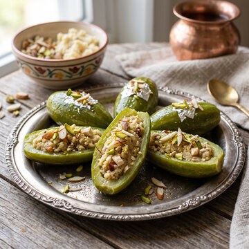 Traditional sweet potol sweet (parwal sweet) stuffed with mawa and dry fruits, high-resolution food portrait.