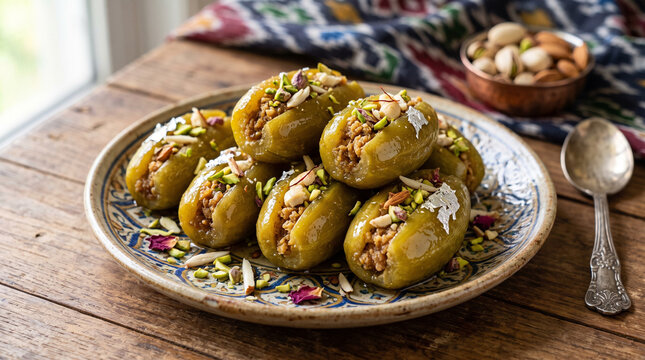 Traditional sweet potol sweet (parwal sweet) stuffed with mawa and dry fruits, high-resolution food portrait.