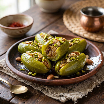 Traditional sweet potol sweet (parwal sweet) stuffed with mawa and dry fruits, high-resolution food portrait.