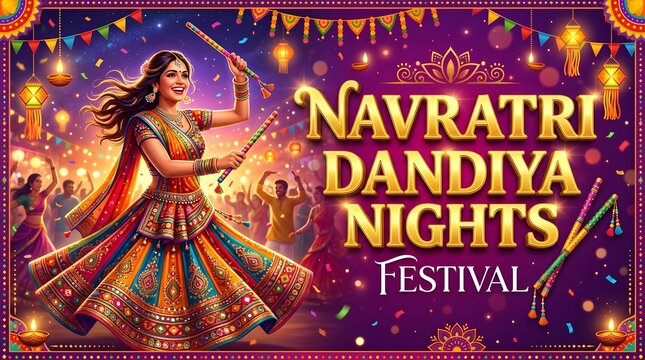 Vibrant Navratri Dandiya Nights Festival Celebration Poster with Traditional Indian Dancer
