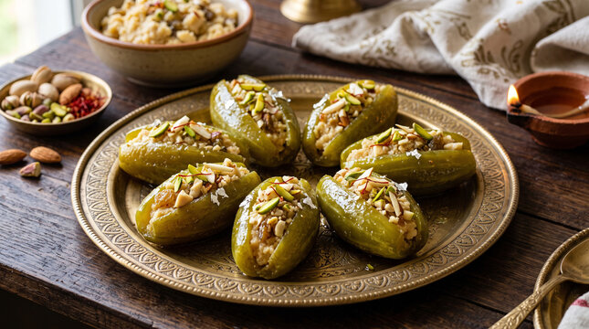Traditional sweet potol sweet (parwal sweet) stuffed with mawa and dry fruits, high-resolution food portrait.