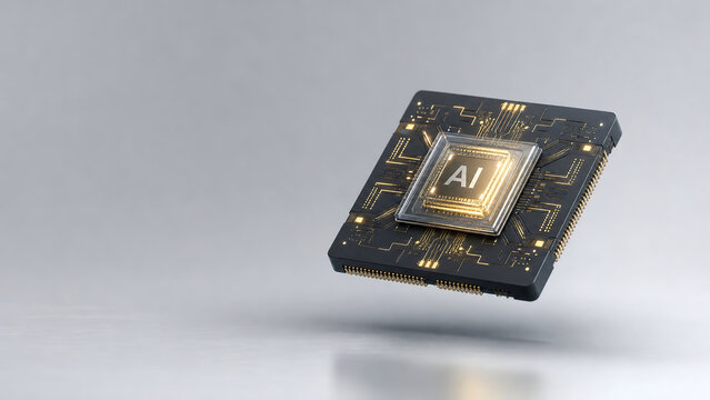 3D semiconductor microchip and AI processor concept, sleek frosted glass processor chip with luminous circuit traces hovering over minimalist studio background with copy space