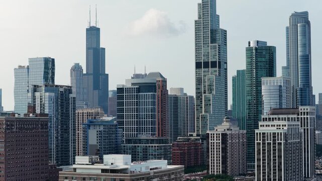Aerial footage of Skyscrapers and office buildings in the skyline in Chicago Illinois USA
