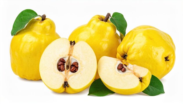 Set of whole and sliced ripe quinces isolated on white background