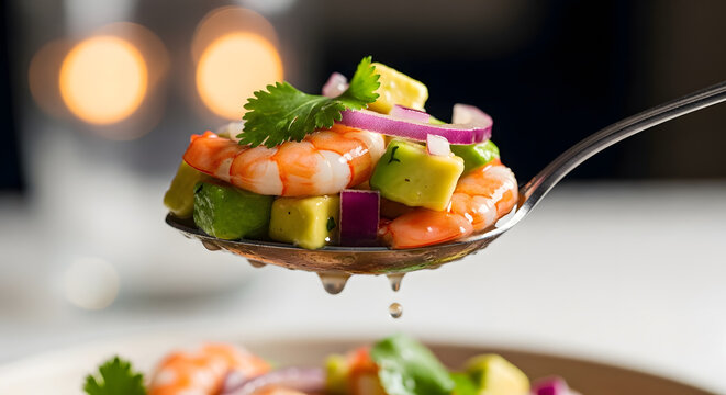 Close up of fresh shrimp salad on a spoon against transparent background
