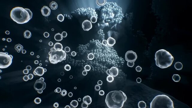 Translucent bubble-like particles drift through dark fluid space while dense streams of smaller glowing spheres recede toward center, creating layered depth and cool luminous contrast