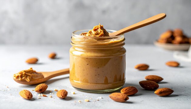 Glass jar with almond butter and wooden spoon on light gray background, creamy nut spread, healthy breakfast concept