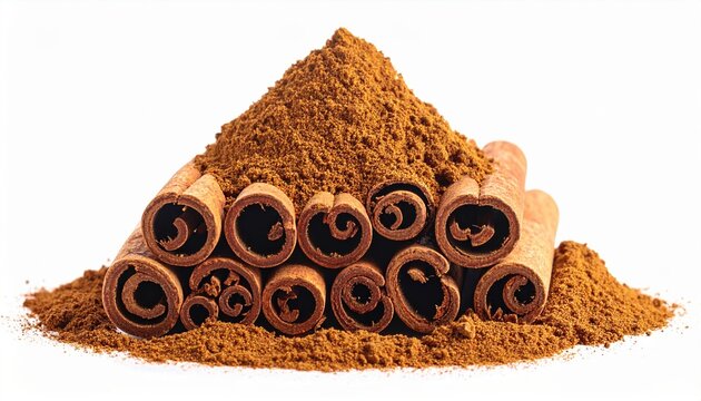Cinnamon sticks with heap of ground cinnamon isolated on white background, aromatic spice photography