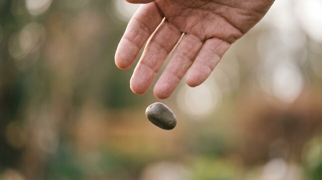 Close up of a human hand dropping a small pebble outdoors with a blurred natural background