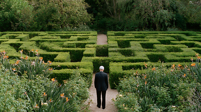 A business man stand before a green hedge maze garden path obstacle challenge puzzle problem solve think strategic corporate manager choice