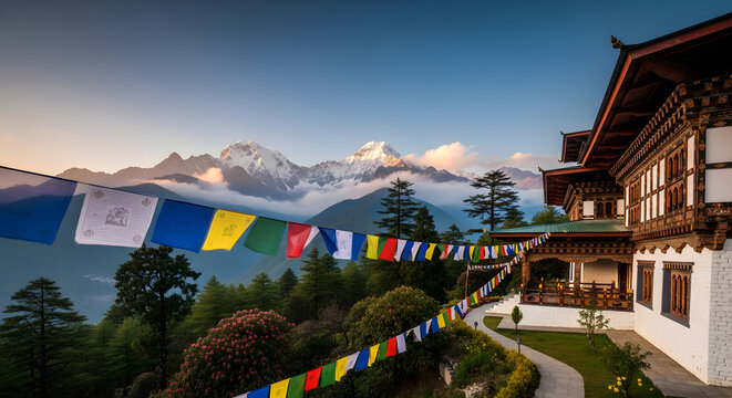 Mountain landscape with traditional architecture and colorful prayer flags