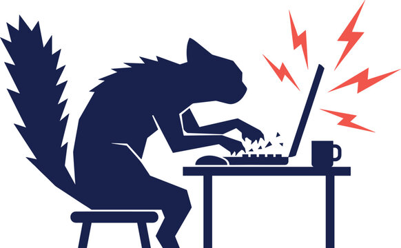Stressed cat silhouette frantically typing on laptop computer at desk with lightning bolt stress sparks vector illustration