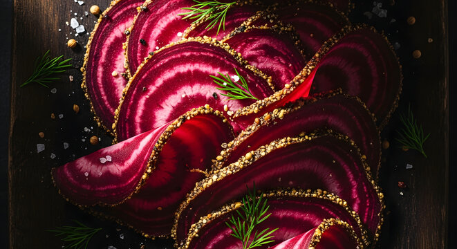 Close up of sliced beetroots with seasonings on a wooden surface