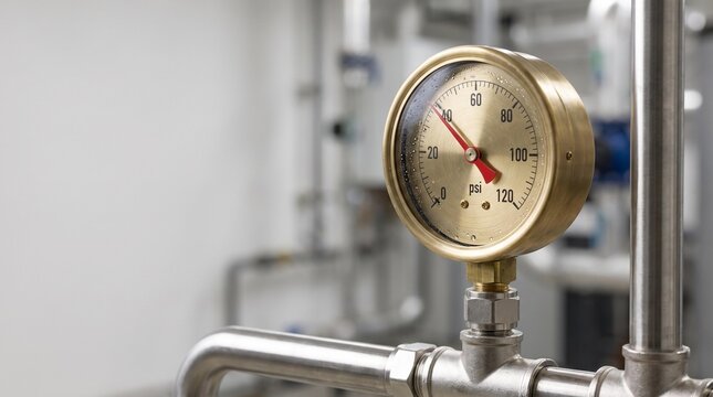 Pressure gauge displaying measurement in psi mounted on industrial piping within a clean, modern facility with blurred background equipment and machinery