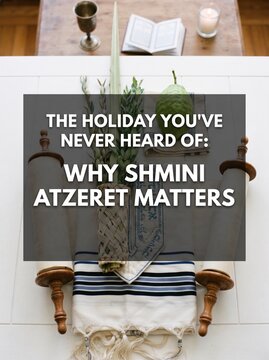 Educational infographic about the Jewish holiday of Shmini Atzeret featuring a tall lulav, an etrog, a prayer shawl (tallit), a kiddush cup, and a siddur prayer book on a table.