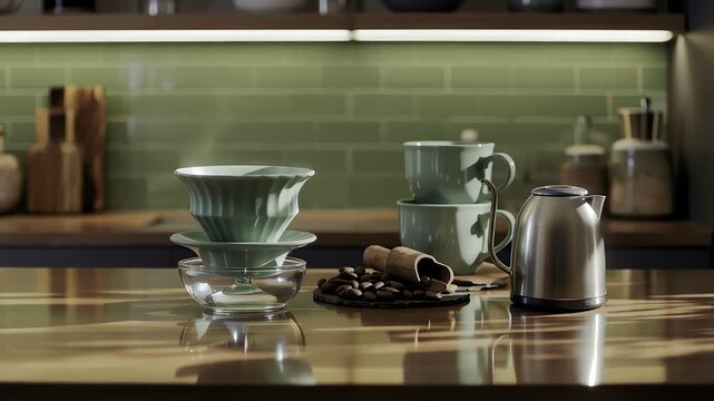 Pour over coffee brewing process using ceramic dripper and metal kettle on wooden kitchen counter in morning sunlight